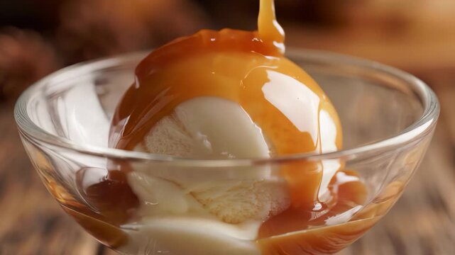 Creamy vanilla ice cream in a glass bowl with warm caramel sauce being drizzled slowly in soft indoor lighting