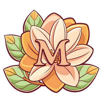 Floral letter m monogram with stylized flower and leaves funny animal emoji isolated on transparent background