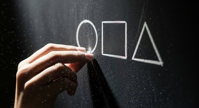 Hand drawing geometric shapes on dark chalkboard in sunbeam light. Lesson on geometric shapes includes circle, square, triangle with chalk dust. Basic geometric shapes concept for geometry education.
