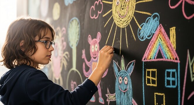 Young student creating chalk drawing on big blackboard indoors. Creative chalk drawing features sun, colorful house, imaginative monsters. Inspiring chalk drawing concept for primary education.