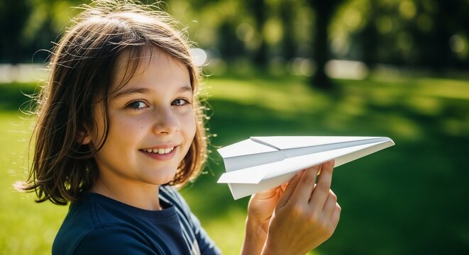 Smiling happy child holding white paper plane outdoors in sunny park. Playful happy child enjoying summer vacation, outdoor games, green nature.