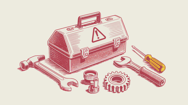 Vintage toolbox vector illustration, retro metal tool box with hammer and wrench, industrial repair equipment set for construction
