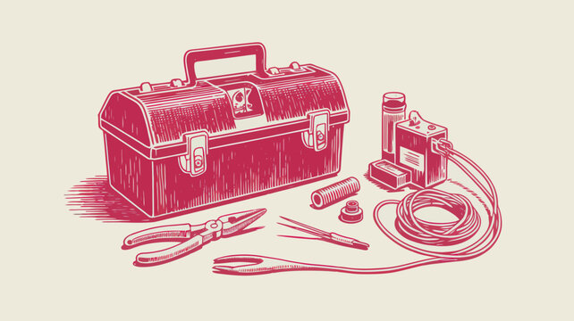 Vintage toolbox and hand tools vector illustration, retro metal tool box with pliers and electrical equipment, red linocut style hardware