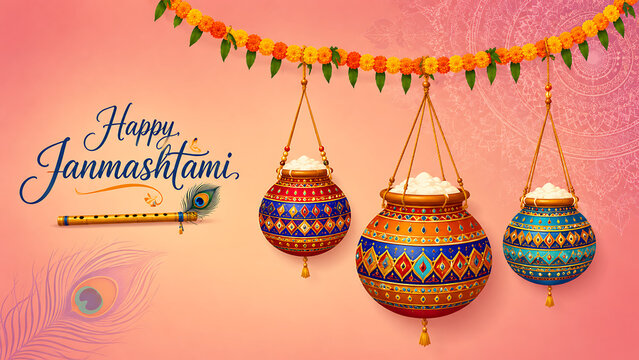 Three traditional hanging earthen pots filled with white butter decorated with marigold garlands and wooden flute honouring lord krishna during krishna janmashtami
