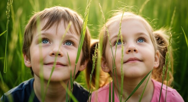 Curious children in grass look up towards sky. Smiling children in grass explore nature with joy and wonder. Cute children in grass photo perfect for family lifestyle, childhood advertising,