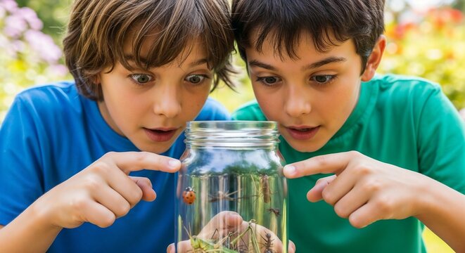 Two curious kids exploring nature while looking into glass jar outdoors in summer park. Interested boys during kids exploring nature activity. Educational kids exploring nature concept photo.