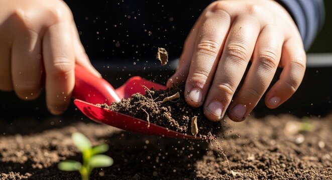Hands use kids gardening trowel to scoop rich soil in backyard bed. Close up kids gardening trowel movement creates floating dust particles near small seedling. Kids gardening trowel promo image.