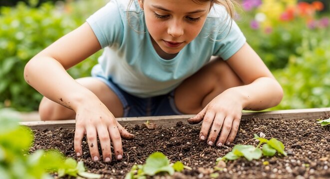 Young girl participates in child gardening near rich soil in vegetable bed. Active child gardening involves touching fertile earth and green sprouts. Creative child gardening concept for eco ads.