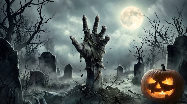 Zombie hand rising from grave in spooky cemetery at night with glowing pumpkin lantern