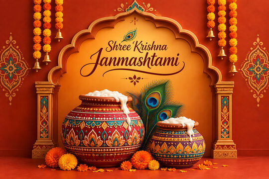Traditional festive background for krishna janmashtami showing colorful earthen pots overflowing with fresh white butter decorated with peacock feathers celebrating lord krishna