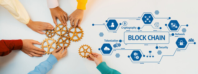 Obraz premium A group of hands gathered around wooden gears symbolizes teamwork in blockchain technology and highlights its impact on security and modern systems in this conceptual image. Amity