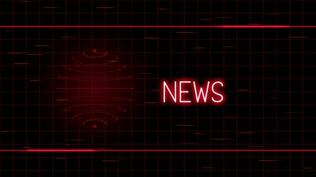 News word in glowing red neon letters on a dark digital technology screen with grid lines and abstract light effects for television broadcast 4K Motion Video