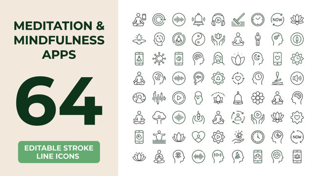 Meditation and mindfulness apps icon set, 64 editable stroke line icons for mental health and wellness software. Zen yoga and spiritual practice vector symbols for mobile interface development.