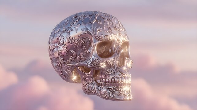 Ornate engraved silver skull floating above soft pink cloudscape