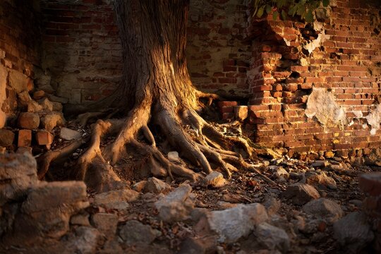 Tree roots breaking through crumbling brick wall amid rubble at dusk