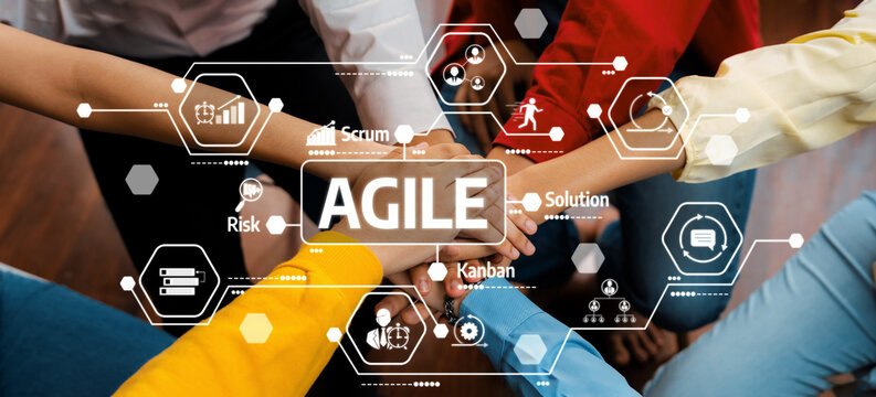 A group of diverse individuals collaborating with hands together, symbolizing teamwork in Agile methodology, focusing on Scrum and Kanban for effective project management. Amity