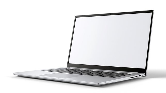 Modern slim silver laptop computer with blank white screen mockup isolated on white background 3d render