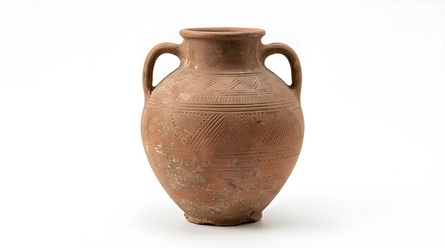 Ancient terracotta clay amphora vase isolated on white background