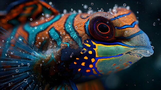 Macro portrait of a colorful mandarinfish with bubbles underwater