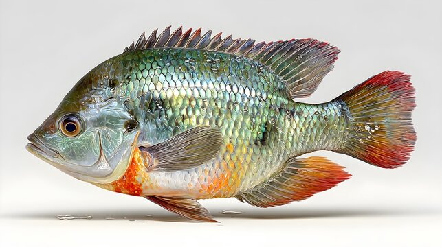 Vibrant perch-like fish displayed laterally on white studio background
