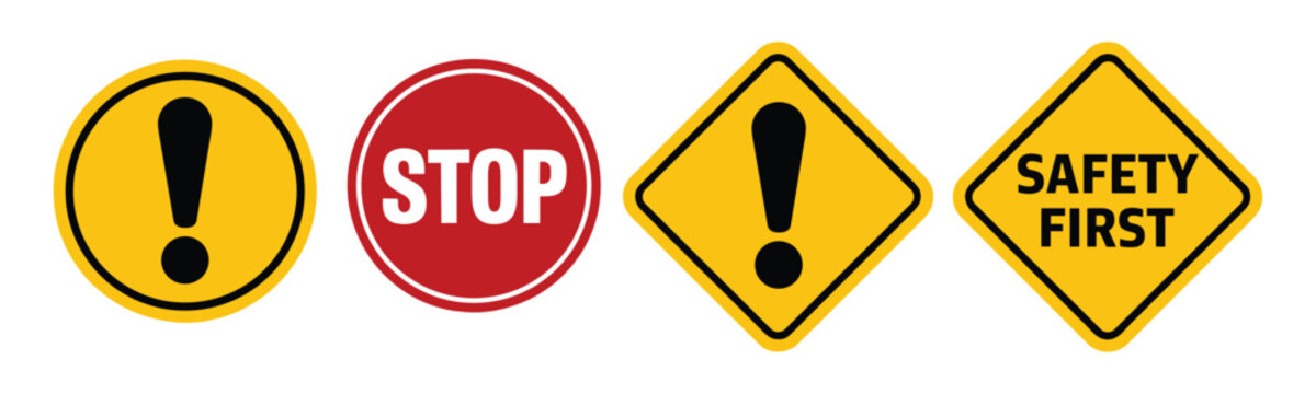 Road Safety Signs: A collection of warning and stop signs, including a circular caution sign, a red stop sign, a diamond-shaped warning sign, and a yellow Safety First sign.