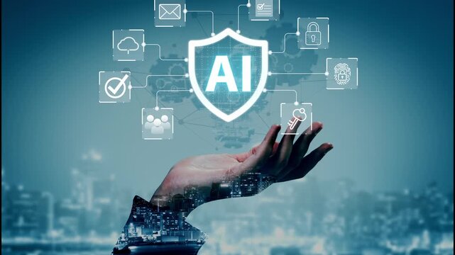Futuristic Hand Holding AI Protection Shield with Digital Connections in a Technological Landscape at Night. Entropy.