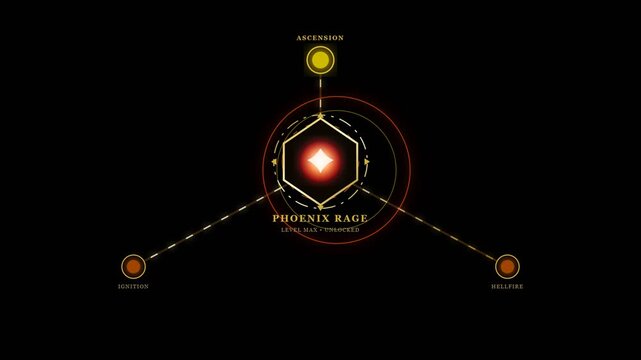 Creative Illustration of a Skill Tree with Nodes for Game Development Featuring the Phoenix Rage and Ascension Level Max Stacked