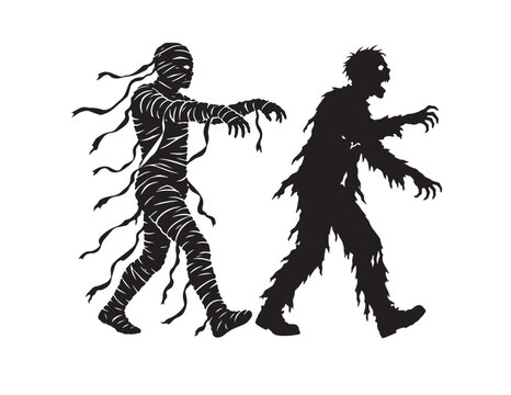 Spooky Halloween black vector silhouettes of an Egyptian mummy and zombie walking.