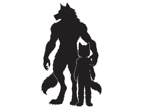 Black vector silhouette of an adult werewolf monster standing with a werewolf child.