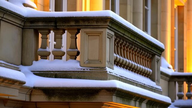 Snow-covered classical stone balustrade beside warmly lit facade, with turned balusters, newel posts, stair landing, and fine winter texture in quiet historic exterior