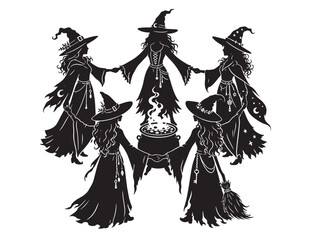 Group of five witches holding hands in a circle around a bubbling cauldron for a magic ritual. © Prodeep