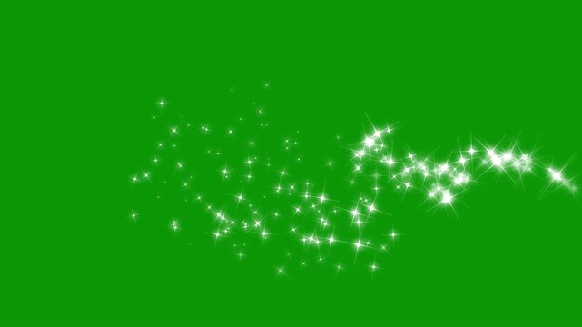 Magical glitter trail line animation, white glowing fairy sparkle line burst, blinking retro vector star doodles, sparkle transition effect, fairy dust wand glitter stars trail on green screen. 4k