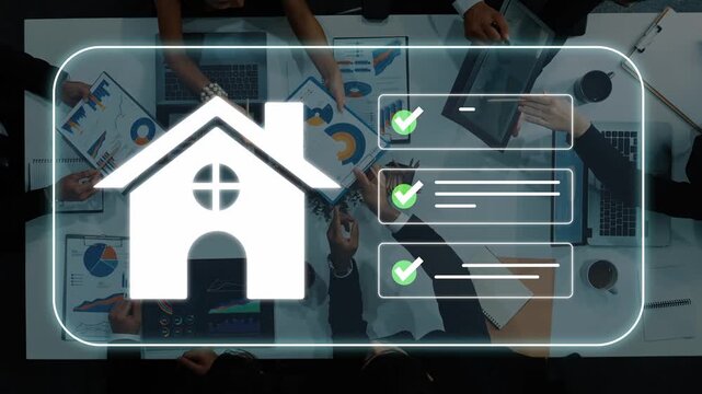 Business Meeting Focused on Real Estate Strategies with Charts, Laptops, and Checkmark Symbols for Decision Making and Success Indicators Gluon.