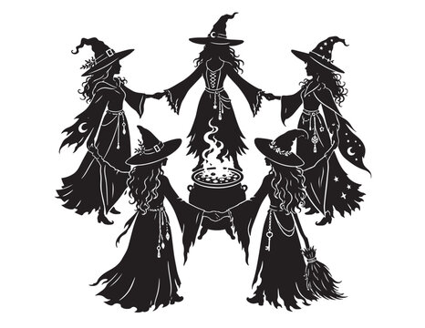 Group of five witches holding hands in a circle around a bubbling cauldron for a magic ritual.
