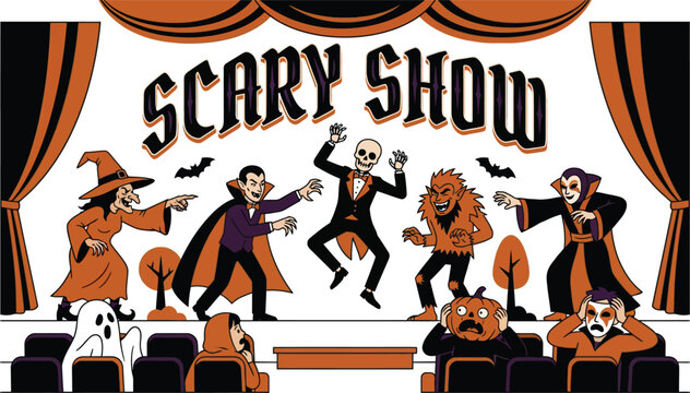 A vintage halloween circus sideshow poster featuring classic monsters and a spooky theatrical performance scene