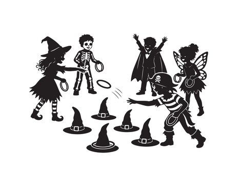 Group of children in Halloween costumes playing a ring toss game with witch hats in silhouette
