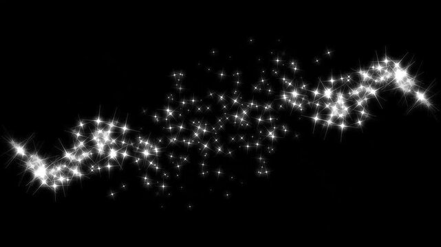 Twinkling glitter stars with glowing magic dust and sparkling fairy trails, twinkling starlight particle line animation, glowing doodle stars and confetti burst on black screen. 4K video