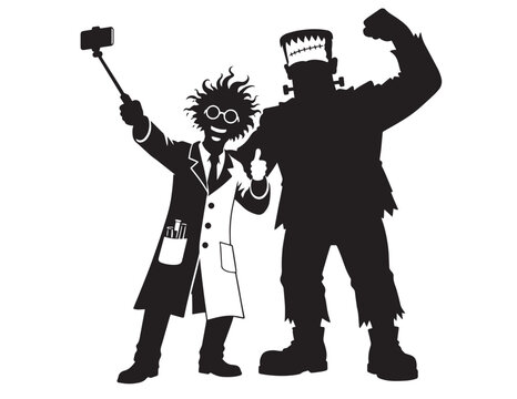 Funny silhouette of a mad scientist and Frankenstein monster taking a selfie for Halloween art