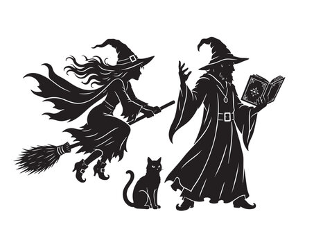 Witch flying on a broomstick with a wizard reading a magic book and a black cat silhouette art