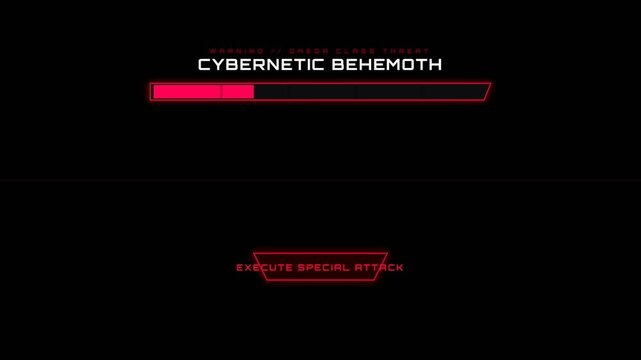 Warning Screen for Cybernetic Behemoth Encounter with Threat Level Indicator and Special Attack Command Prompt