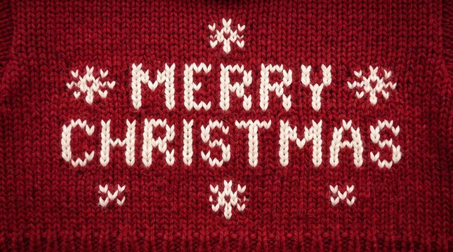 Christmas Sweater Lettering Merry Christmas Stitched in Cream Yarn on Deep Red Knit Wool With Snowflake Motifs in a Tight Macro Framing