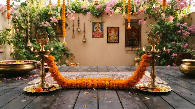 Traditional indian home entrance decorated with marigold flower garlands and brass oil lamps for a festive celebration