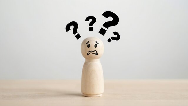 Wooden doll with an anxious expression and floating question marks above its head representing confusion about life choices and stress