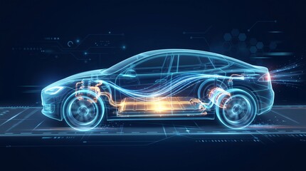 Naklejka premium Electric Car Battery Technology Rendered as a Digital X-Ray Visualization With a Glowing Orange Battery Pack Inside a Wireframe Sedan