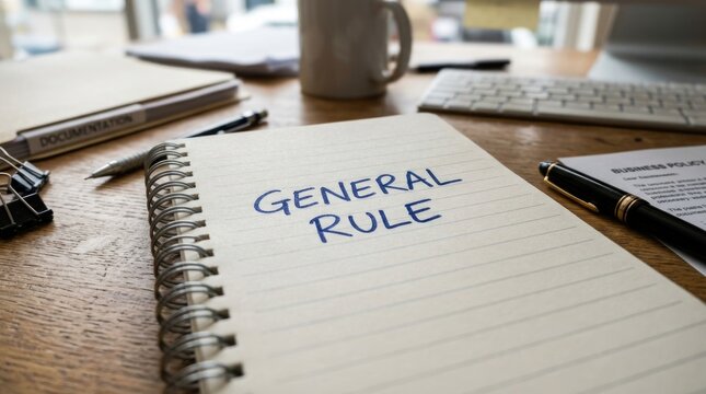 General Rule Written in Notebook on Office Desk with Business Documents and Keyboard