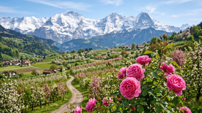 Pink Roses Blooming Above Scenic Orchard Valley with Snow Covered Mountain Range