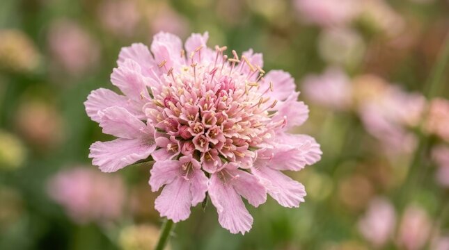 Delicate Pink Pincushion Flower in Bloom with Soft Natural Garden Background