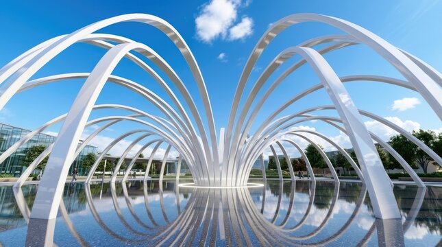 Futuristic White Architectural Arches Reflected in Water Under Bright Blue Sky