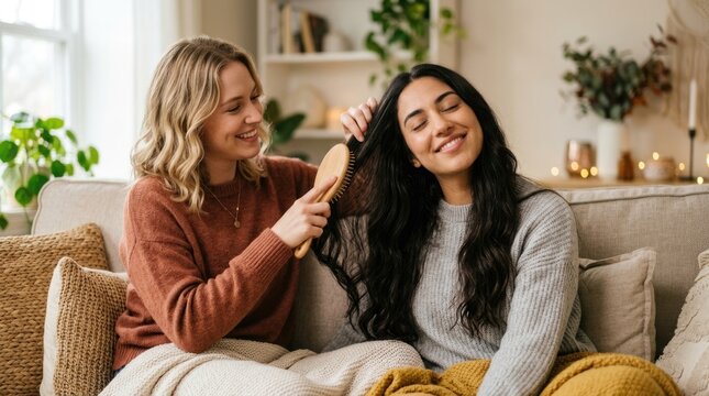 Female Friends Enjoying Hair Brushing and Self Care Together in Cozy Living Room
