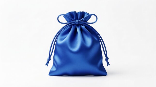 Royal blue satin drawstring pouch on white background, elegant silk jewelry gift bag, luxury fabric packaging for cosmetics and accessories